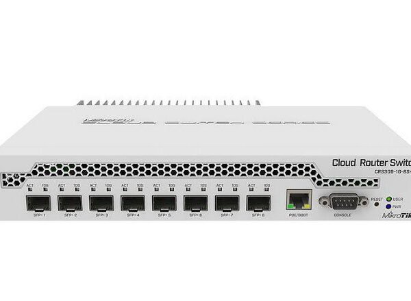 Cloud Router Switch DC 800mhz 512MB RAM, 1xGigabit LAN 8 x SFP+ cages, RouterOS L5 or SwitchOS (dual boot) Passive DT Case, RM Ears