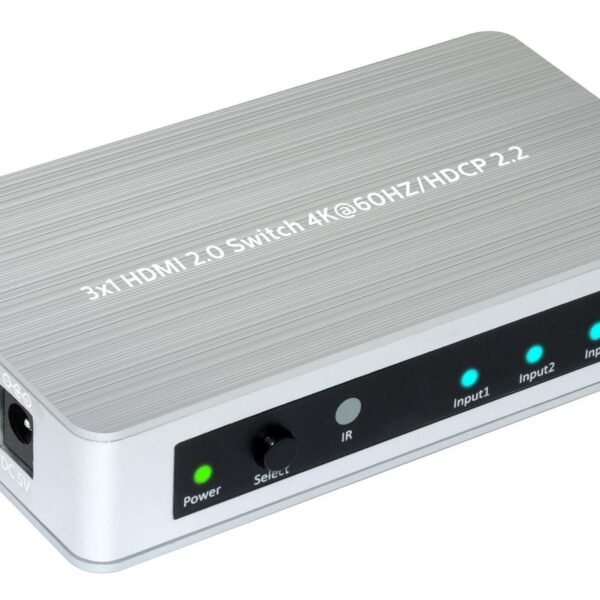 HDMI 2.0 Switch 3 to 1 way Supporting 4K 60Hz / HDCP2.2.  Aluminium/Plastic Switch