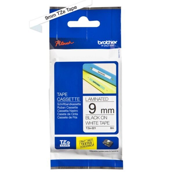 TZE221 9MM BLACK ON WHITE TAPE