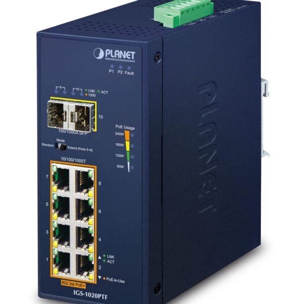 IP30 Ind 8-P 10/100/1000T 802.3at PoE + 2-Port 100/1000X SFP Ethernet Switch