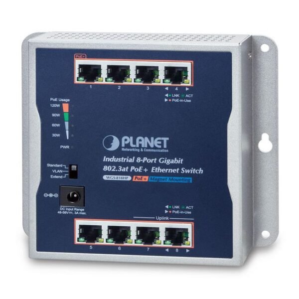 IP30 Industrial 8-Port  10/100/1000T 802.3at PoE+  Wall-mount Gigabit Switch 54V 130W  AC power adapter included IP30 Industrial