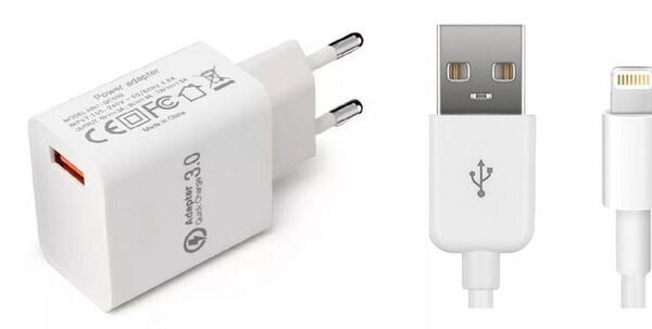 USB Power Adapter 12W 5V/2.4A, 9V/2A, 12V/1.5A  EU Wall - Quick charge technology QC3.0 White with 1meter MFI Lightning Cable &