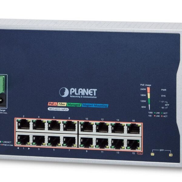 IP40, IPv6/IPv4, 16-Port 1000T 802.3at PoE + 2-Port 100/1000X SFP Wall-mount Managed Ethernet Switch