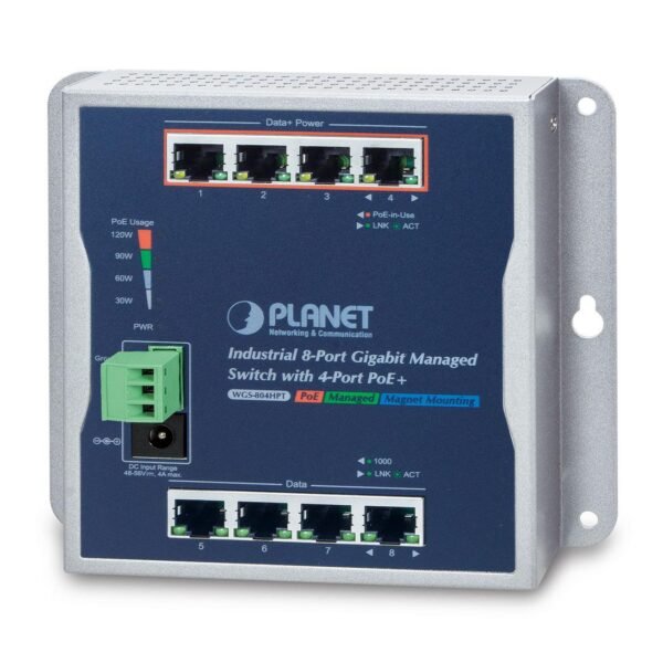 IP30, IPv6/IPv4, 8-P 1000TP Wall-mount Managed Ethernet Switch with 4-Port 802.3AT POE+ (-40 to 75 C), dual redundant power input on