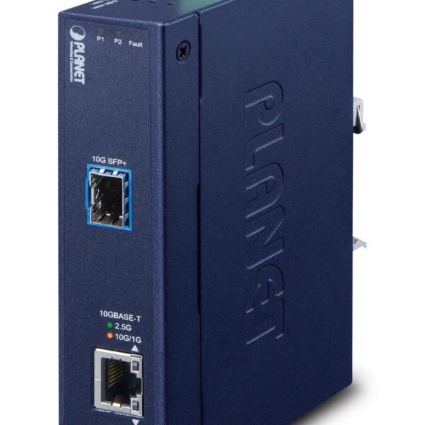 Industrial 10G/5G/2.5G/1G/100M Copper to 10GBASE-X SFP+ Media Converter (-40 to 75 degree C, dual redundant power input on 12-48VDC