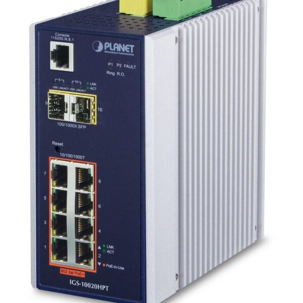 IP30 Industrial L2+/L4 8-Port 1000T 802.3at PoE + 2-Port 100/1000X SFP Full Managed Switch (-40 to 75 C, 12V~48V DC power boost, DIDO,