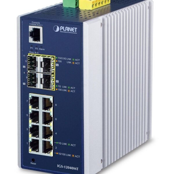 IP30 Industrial 8* 1000TP 4 100/1000F SFP Full Managed Ethernet Switch (-40 to 75 degree C, 2*DI, 2*DO, 12V-72VDC IN), ERPS Ring, 1588