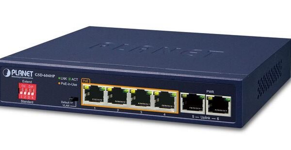 4-Port 10/100/1000T 802.3at POE + 2-Port 10/100/1000T Desktop Switch (55W POE Budget, External Power Supply)
