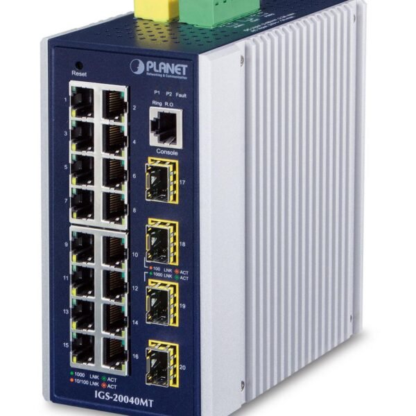 IP30 Industrial 16* 10/100/100 4 100/1000F SFP Full Managed Ethernet Switch (-40 to 75 degree C, 2*DI, 2*DO), ERPS Ring, 1588