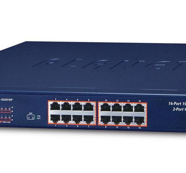 16-Port 10/100/1000T 802.3at PoE + 2-P 1000X SFP Gigabit Switch with smart color LCD 300W PoE Budget Std/VLAN/Extend mode PoE