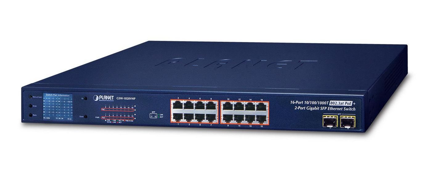 Img_27523826.jpg 16-Port 10/100/1000T 802.3at PoE + 2-P 1000X SFP Gigabit Switch with smart color LCD 300W PoE Budget Std/VLAN/Extend mode PoE - Image 1