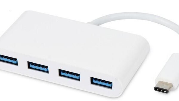 USB-C Multiport Adapter simultaneous connection of 4  USB 3.0 A ports to USB-C connector, data transfer rates of up to 5 Gbps