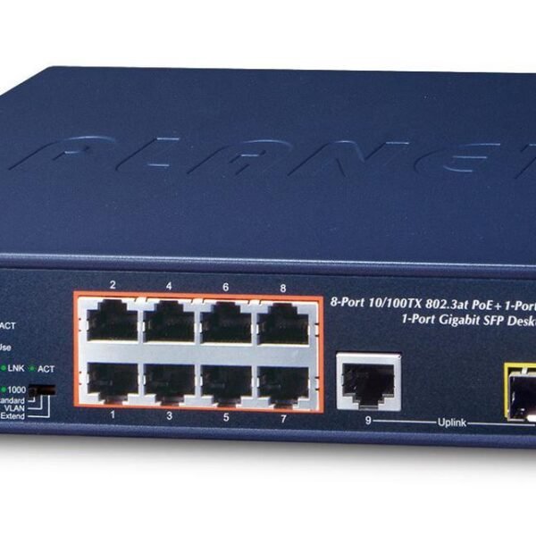 8-Port 10/100TX 802.3at PoE + 1-P 10/100/1000T + 1-P 100/1000X SFP Desktop Switch (120W PoE Budget, Standard/VLAN/Extend mode, 10-inc