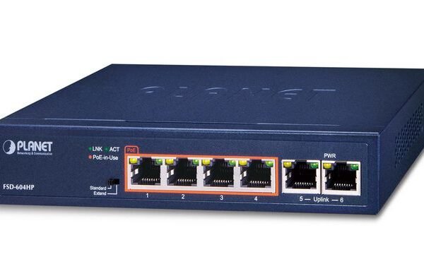 4-Port 10/100TX 802.3at POE + 2-Port 10/100TX Desktop Switch (60W POE Budget, 250m Extend mode, fanless, internal Power Supply)