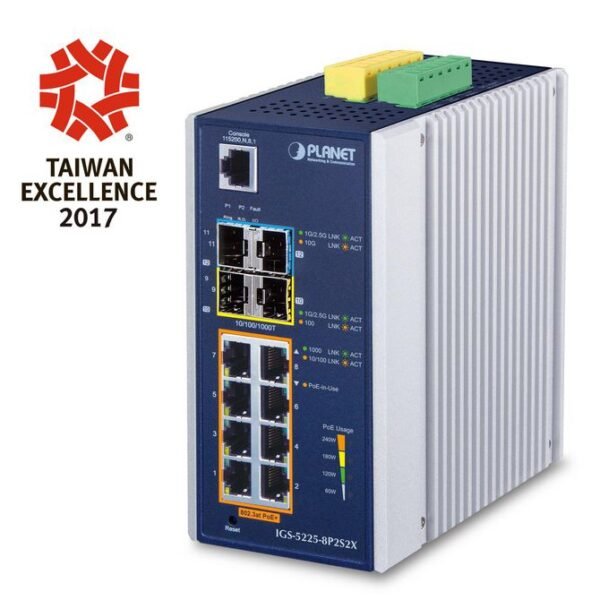 IP30 Industrial L2+/L4 8-Port 1000T 802.3at PoE+ 2-port 100/1000X SFP + 2-port 10G SFP+ Full Managed Switch (-40 to 75 C, dual redundant