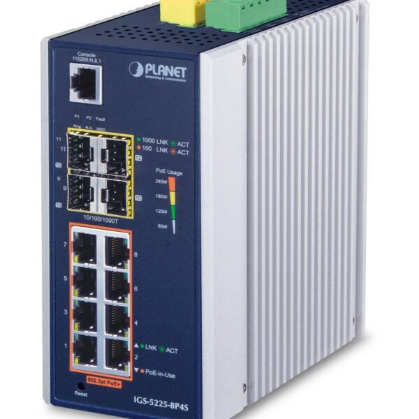 IP30 Industrial L2+/L4 8-Port 1000T 802.3at PoE+ 4-port 100/1000X SFP Full Managed Switch (-40 to 75 C, dual redundant power input