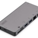 USB-C Multiport Travel Dock, 8 Port, gray 2x video, 2x USB  C, 2x USB3.0, RJ45,2x card reader