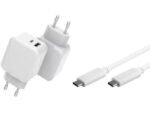 USB-C Charger with 1meter  USB-C Cable 30W 5V-12V/2A-3A  Output: USB-C + USB-A PD QC3.0 Input: 110-230V EU Wall, for mobile phones,