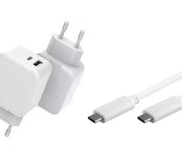USB-C Charger with 1meter  USB-C Cable 30W 5V-12V/2A-3A  Output: USB-C + USB-A PD QC3.0 Input: 110-230V EU Wall, for mobile phones,