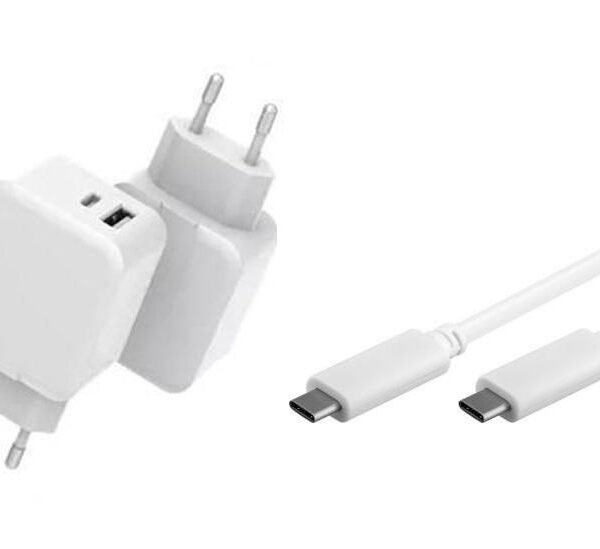 USB-C Charger with 1meter  USB-C Cable 30W 5V-12V/2A-3A  Output: USB-C + USB-A PD QC3.0 Input: 110-230V EU Wall, for mobile phones,