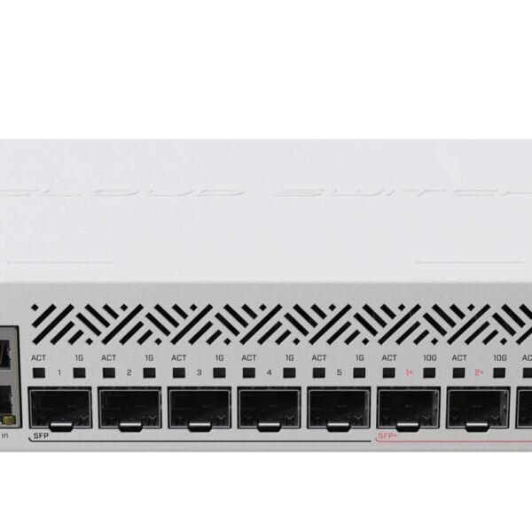 Cloud Router Switch  CRS310-1G-5S-4S+IN with 800  MHz CPU, 256 MB RAM, 4xSFP+, 5xSFP cages, 1xGBit LAN port, RouterOS L5, desktop