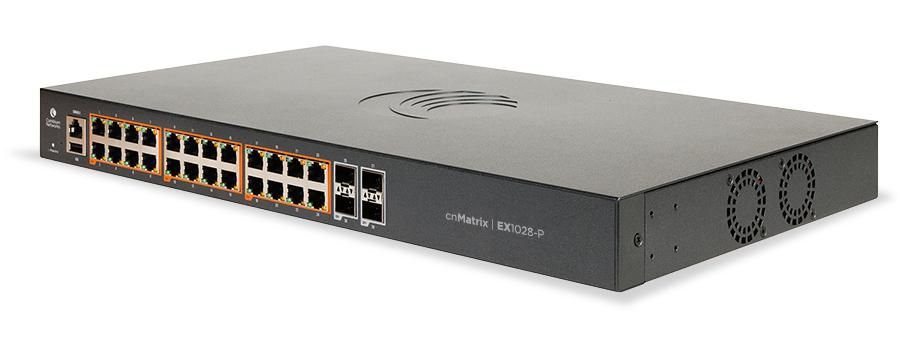 Img_29333870.jpg cnMatrix EX1028-P, Intelligent Ethernet PoE+ Switch, 24 1Gbps and 4 1Gbps SFP fiber ports - no power cord. Enterprise-grade - Image 1