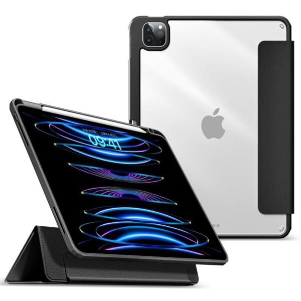 iPad Pro 12.9 2022/2021  BOSTON Detachable Mirror  Pencil Case. Black front/Transparent back. Corner protection