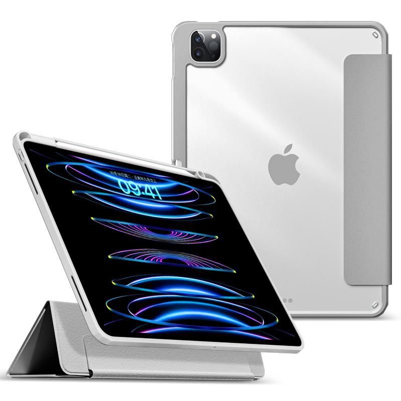 Img_29870216.jpg iPad Pro 12.9 2022/2021 BOSTON Detachable Mirror Pencil Case. Grey front/Transparent back. Corner protection - Image 1