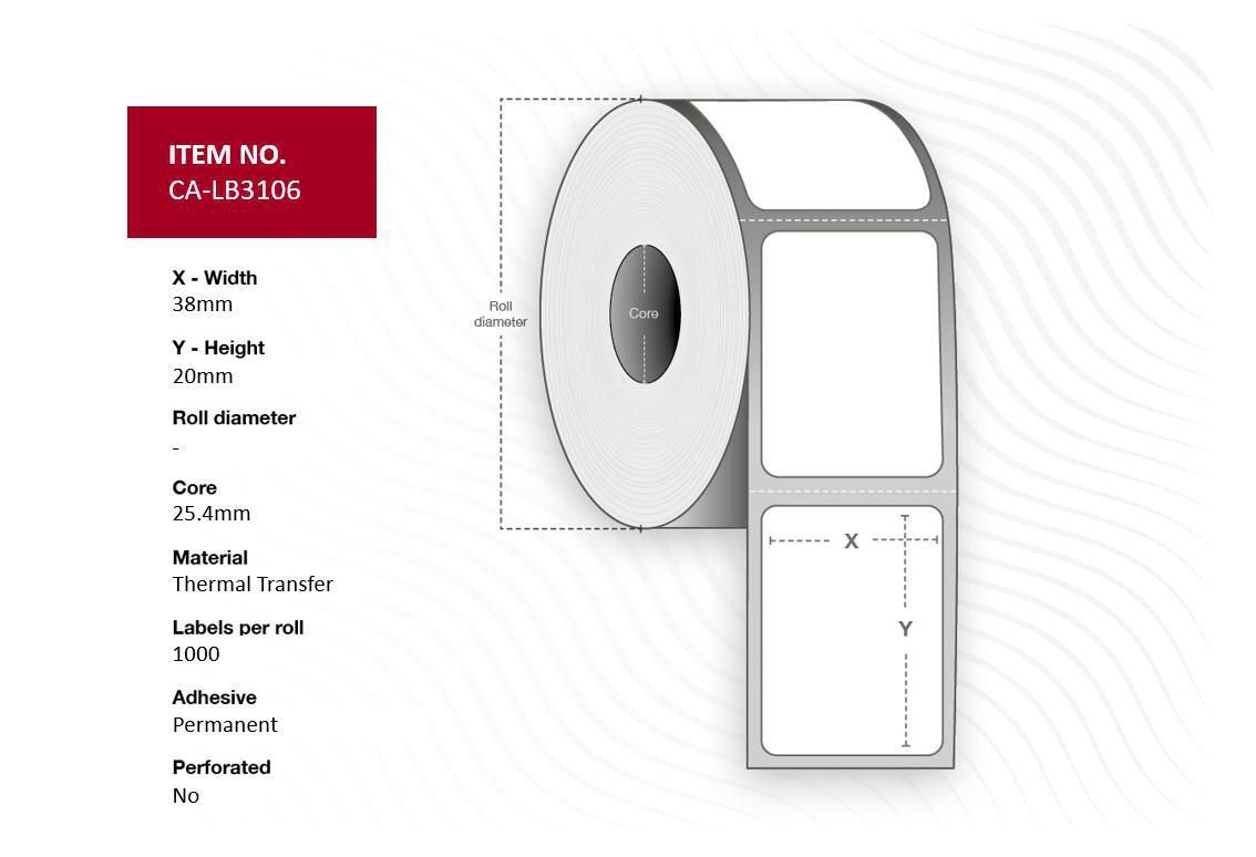 Img_32315586.jpg Label 38 x 20 mm, Core 25,4 mm. Transparent PP/PE. Permanent for outdoor use. 1000 lb/roll. - Image 1