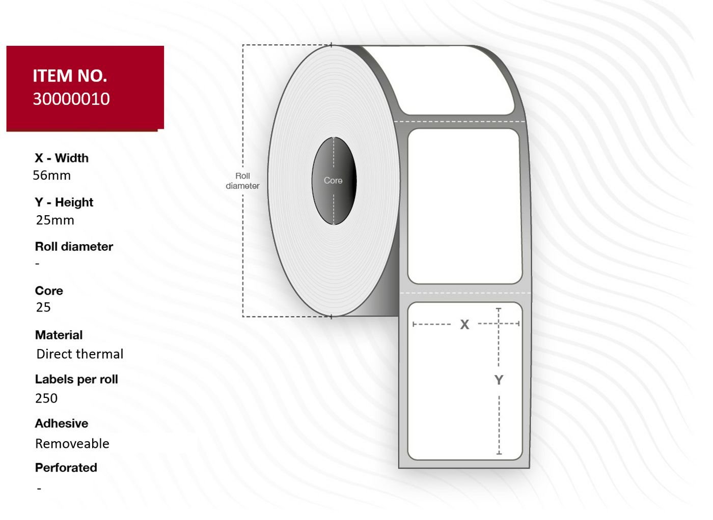 Img_32367338.jpg Label 56x25 - Core 25. White. Top-coated. DT. Removable. 1.000 labels per roll. 24 rolls per box. With sensor hole 25 mm core. with - Image 1
