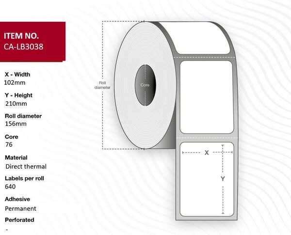 Label 102x210, Core 76,  Diameter 156 mm. Thermal  print. Uncoated. Permanent. 640 labels per roll. 12 rolls per box.