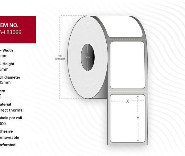 Label 47x25, Core 40,  Diameter 105 mm. Thermal  print. Uncoated. Removable. 2000 labels per roll. 12 rolls per box.