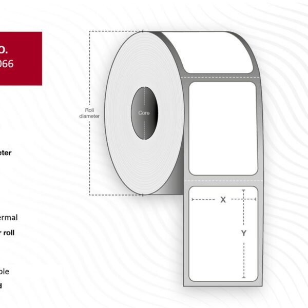 Label 47x25, Core 40,  Diameter 105 mm. Thermal  print. Uncoated. Removable. 2000 labels per roll. 12 rolls per box.