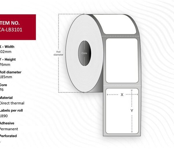 Label 102x76, Core 76,  Diameter 185 mm. Thermal  print. Top coated. Permanent. 1890 labels per roll. 6 rolls per box.