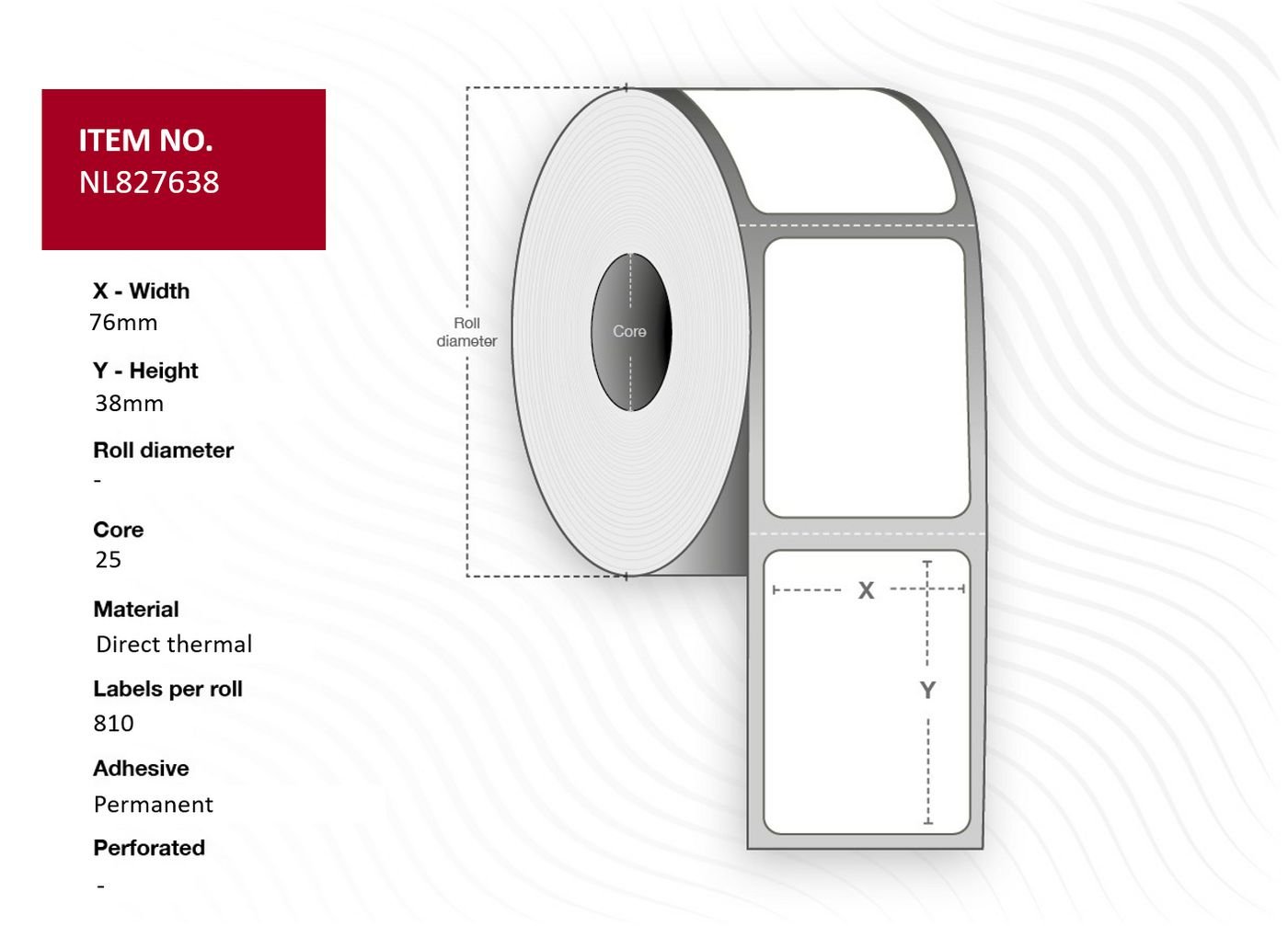 Img_32369385.jpg Label 76x38 - Core 25. White. Uncoated. DT. Permanent. 810 labels per roll. 4 rolls per box. Black Mark 810 lab./roll, Permanent - Image 1