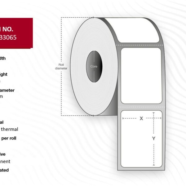 Label 47x25, Core 40,  Diameter 105 mm. Thermal  print. Uncoated. Permanent. 2000 labels per roll. 12 rolls per box.