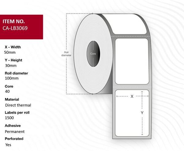 Label 50x30, Core 40,  Diameter 100 mm. Thermal  print. Top coated. Permanent. 1500 labels per roll. 12 rolls per box.