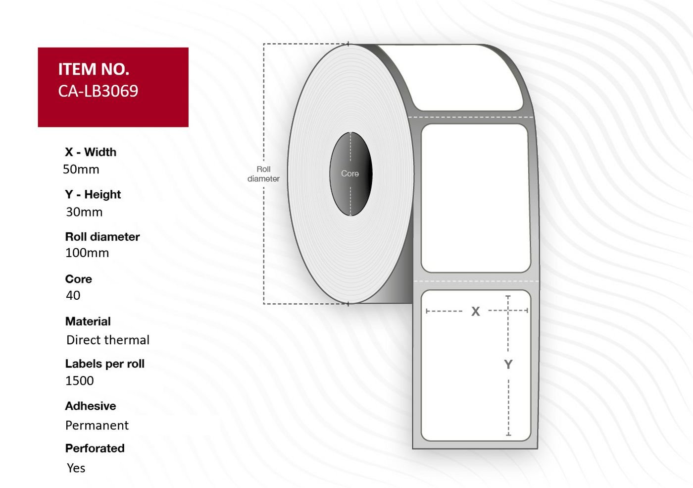 Img_32370241.jpg Label 50x30, Core 40, Diameter 100 mm. Thermal print. Top coated. Permanent. 1500 labels per roll. 12 rolls per box. - Image 1