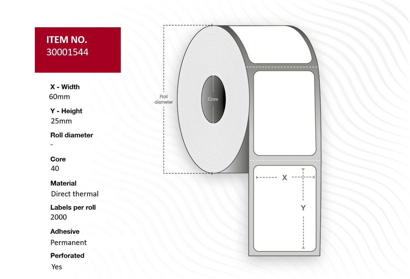 Img_32374159.jpg Label 60x25 - Core 40. White. Uncoated. DT. Permanent. 2.000 labels per roll. 12 rolls per box 40 mm core. 2.000 lab./roll 12pcs/Box. - Image 1