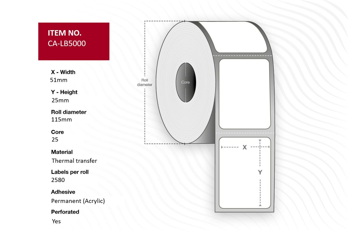 Img_32393846.jpg Label 51x25, Core 25, Thermal Transfer, White matt coated, Permanent, Diameter 115 mm, 2580 labels per roll, 8 rolls per box - Image 1