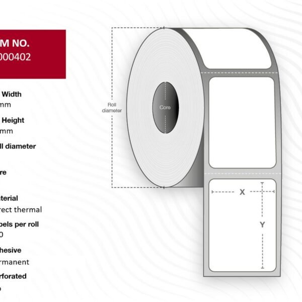 Label 28x89 - Core 25. White.  Premium. DT. Permanent. 130  labels per roll. 12 rolls per box. Black Mark and Sensor hole TOP LABEL 28x89
