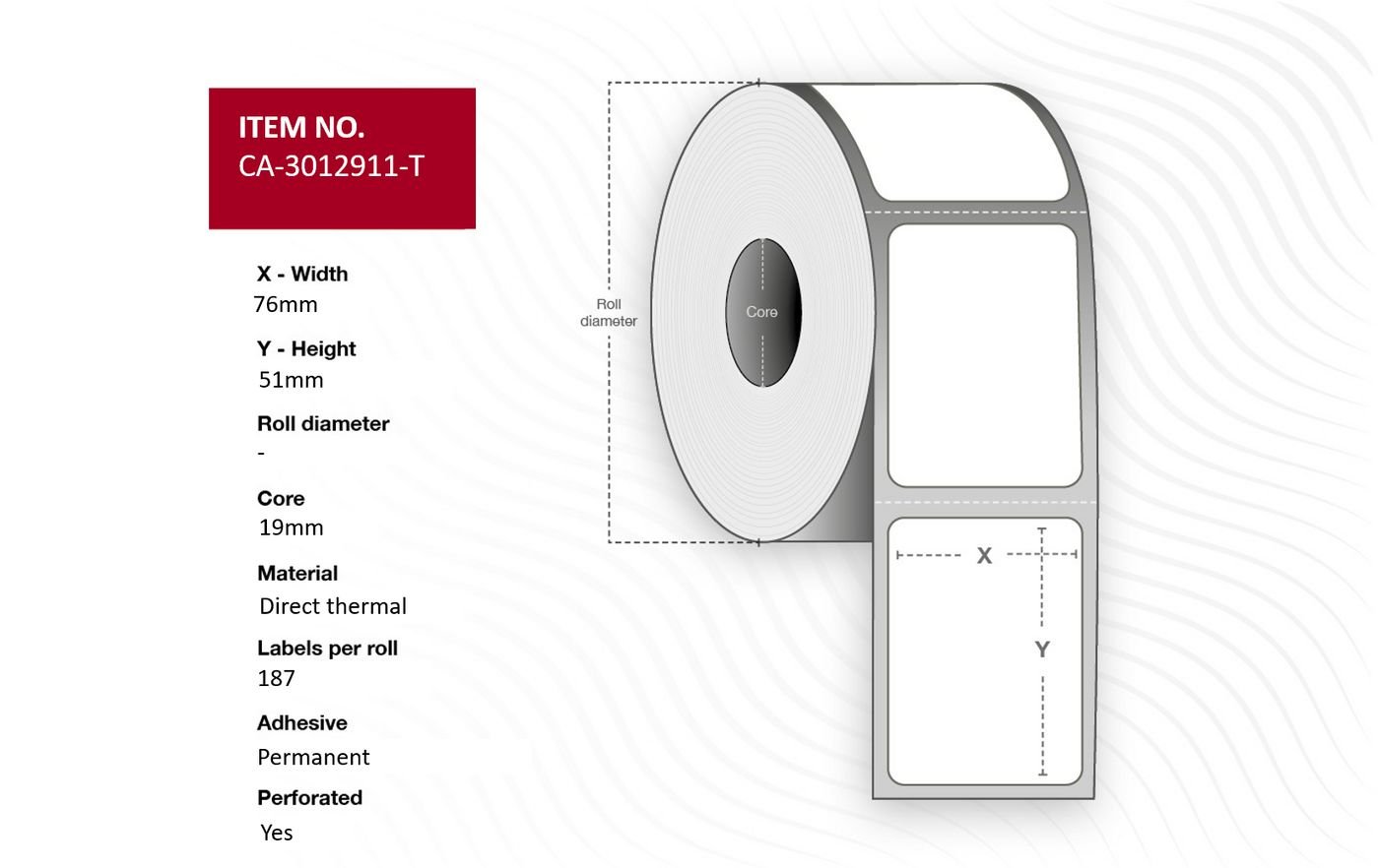 Img_33381757.jpg Label 76 x 51mm, Core 19mm, Direct thermal, permanent acrylic adhesive, Uncoated, Perforation, Outside roll diameter 51mm, 187 labels - Image 1