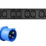 19" rack mount power strip,  1U, 16A with 10 x C13 socket,  AMP meter and 3m power cord and IEC 60309 16A plug