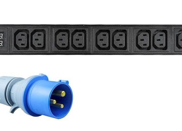 19" rack mount power strip,  1U, 16A with 10 x C13 socket,  AMP meter and 3m power cord and IEC 60309 16A plug