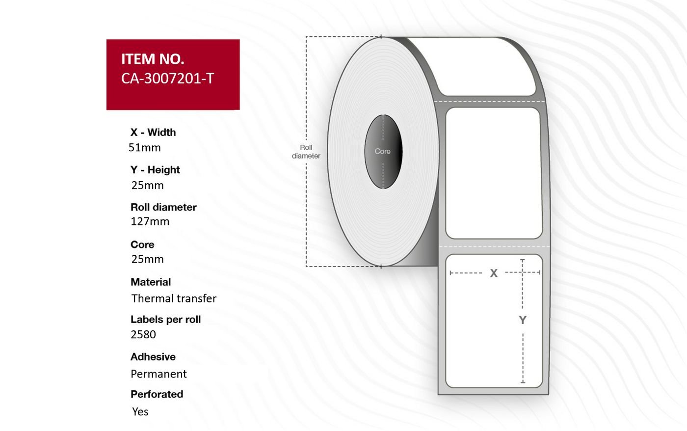Img_33513984.jpg Label 51 x 25mm, Core 25mm, Thermal Transfer, Coated, Permanent, Perforated, 2580 labels per roll, 8 rolls per box - Image 1