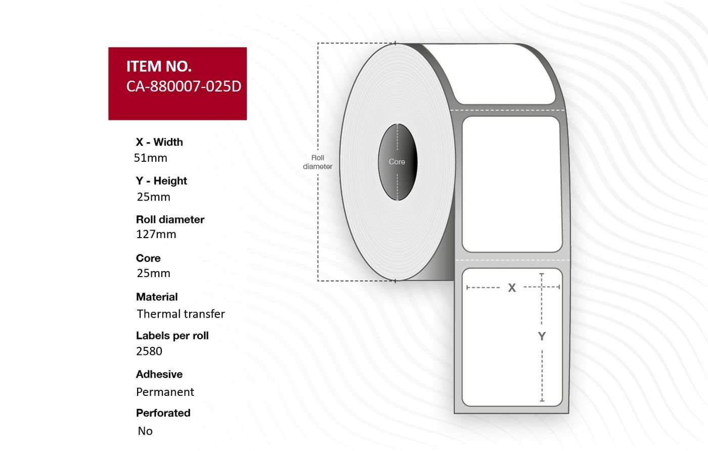 Img_33516905.jpg Label 51 x 25mm, Core 25mm, Thermal Transfer, Uncoated, Permanent, No perforation, 2580 labels per roll, 12 rolls per box - Image 1