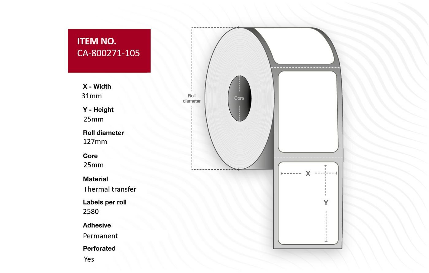 Img_33516968.jpg Label 31 x 25mm, Core 25mm, Thermal Transfer, Coated, Permanent, Perforated, 2580 labels per roll, 12 rolls per box - Image 1