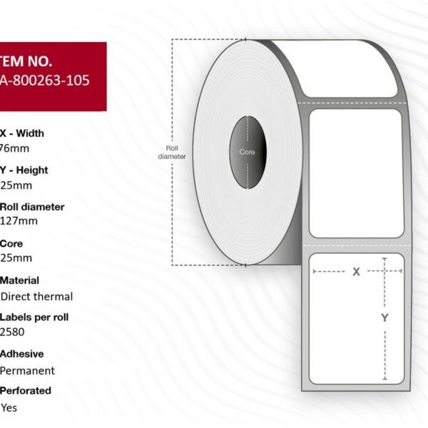 Label 76 x 25mm, Core 25mm,  Direct Thermal,Coated,  Permanent, Perforated, 2580 labels per roll, 12 rolls per box