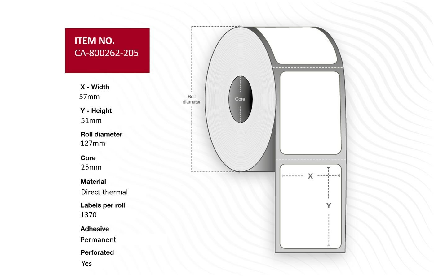 Img_33517779.jpg Label 57 x 51mm, Core 25mm, Direct Thermal, Coated, Permanent, Perforated, 1370 labels per roll, 12 rolls per box - Image 1