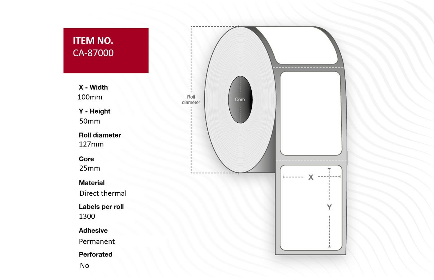 Img_33517801.jpg Label 100 x 50mm Core 25mm, Direct Thermal, Coated, Permanent, No perforation, 1300 labels per roll, 4 rolls per box. - Image 1